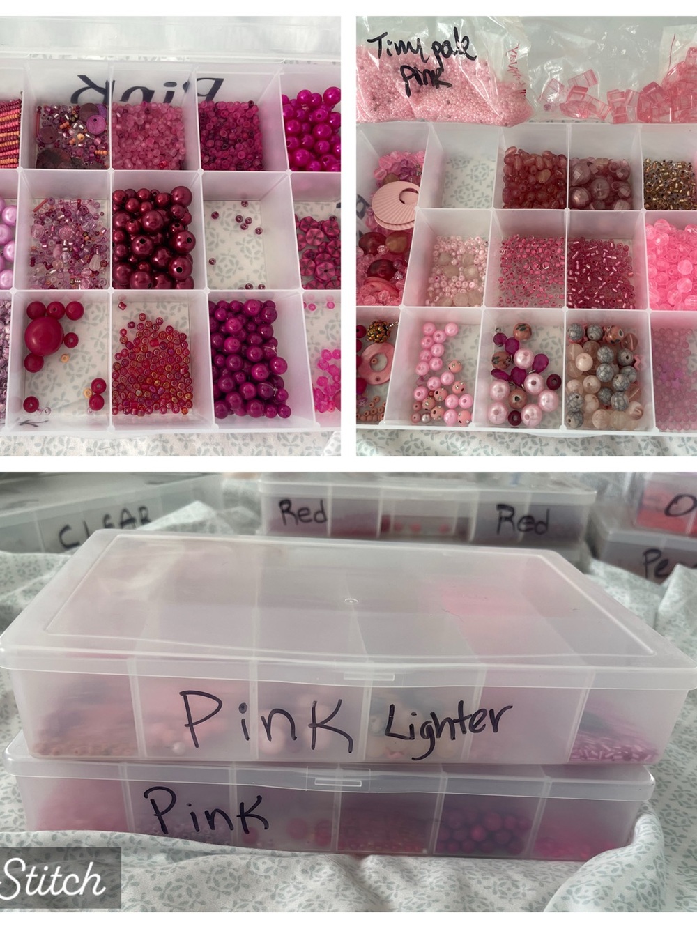 Two containers of pink beads